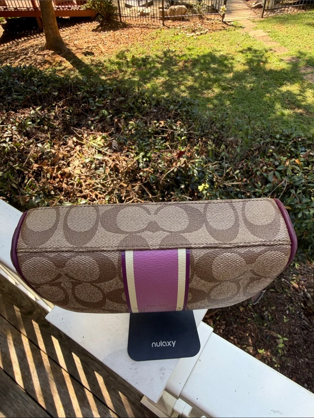 Vintage Coach Signature Canvas Cosmetic Pouch in Tan & Purple Tattersall lining